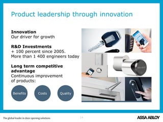 Product leadership through innovation
Innovation
Our driver for growth
R&D Investments
+ 100 percent since 2005.
More than 1 400 engineers today
Long term competitive
advantage
Continuous improvement
of products:
14
Benefits Costs Quality
 