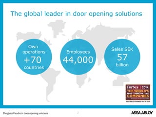 The global leader in door opening solutions
2
Own
operations
+70
countries
Employees
44,000
Sales SEK
57
billion
 