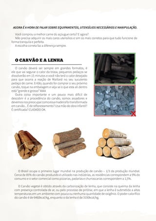 AGORA É A HORA DE FALAR SOBRE EQUIPAMENTOS, UTENSÍLIOS NECESSÁRIOS E MANIPULAÇÃO.
Você comprou a melhor carne do açougue certo? E agora?
Não precisa adquirir os mais caros utensílios e sim os mais corretos para que tudo funcione de
forma tranquila e perfeita.
A escolha correta faz a diferença sempre.
O CARVÃO E A LENHA
O carvão deverá ser sempre em grandes formatos, é
ele que vai segurar o calor da brasa, pequenos pedaços se
dissolverão em 15 minutos e você não terá o calor desejado
para que ocorra a reação de Maillard no seu suculento
pedaço de carne. Então, quando for comprar o seu próximo
carvão, toque na embalagem e veja se o que esta ali dentro
está “grande e grosso” kkkk
Outra coisa importante e um pouco mais difícil de
descobrir é a procedência do carvão, somos assadores e
devemosnospreocuparcomoessamadeirafoitransformada
em carvão... É de reflorestamento? Usa mão de obra infantil?
É certificada? CUIDADO OK.
O Brasil ocupa o primeiro lugar mundial na produção de carvão – 1/3 da produção mundial.
Cerca de 85% do carvão produzido é utilizado nas indústrias, as residências correspondem a 9% do
consumo e o setor comercial como pizzarias, padarias e churrascarias correspondem a 1,5%.
O Carvão vegetal é obtido através da carbonização de lenha, que consiste na queima da lenha
com presença controlada de ar, ou pelo processo de pirólise, em que a lenha é submetida a altas
temperaturas em um ambiente com pouca ou nenhuma quantidade de oxigênio. O poder calorifico
do carvão é de 6460kcal/kg, enquanto o da lenha é de 3100kcal/kg.
 