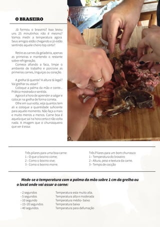 Já formou o braseiro? Isso levou
uns 25 minutinhos não é mesmo?
Vamos medir a temperatura agora.
Seus amigos estão chegando e já estão
sentindo aquele cheiro top certo?
Retire as carnes da geladeira, apenas
as primeiras e mantendo o restante
sobre refrigeração.
Comece afiando a faca, limpe o
ambiente de trabalho e porcione as
primeiras carnes, linguiças ou coração.
A grelha tá quente? A altura tá legal?
Vai grelhar ou assar?
Coloque a palma da mão e conte...
Prática mostrada e sentida.
Agora é a hora de aprender a salgar e
colocar na grelha de forma correta.
Olhe em sua volta, veja quantos tem
ali e coloque a quantidade suficiente
para aquele momento. Não faça a mais
e muito menos a menos. Carne boa é
aquela que sai na hora certa e não volta
nada. A imagem que o churrasqueiro
que ver é essa:
Mede-se a temperatura com a palma da mão sobre 1 cm da grelha ou
o local onde vai assar a carne:
- 2 segundos 		 Temperatura esta muito alta.
- 5 segundos		 Temperatura alta e moderada
- 10 segundo		 Temperatura médio- baixo
- 15~20 segundos		 Temperatura baixa
- 40 segundos		 Temperatura para defumação
O BRASEIRO
Três Pilares para um bom churrasco:
1 - Temperatura do braseiro
2 - Altura, peso e textura da carne.
3 - Tempo de cocção
Três pilares para uma boa carne:
1 - O que o bovino come;
2 - Como o bovino vive;
3 - Como o bovino morre.
 