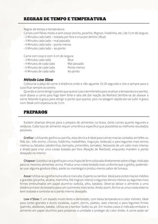 Regras de tempo e temperatura:
Carnes com fibras moles e sem ossos (ancho, picanha, Mignon, Fraldinha, etc.) de 3 cm de largura:
- 2 Minutos cada lado – tostada por fora e crua por dentro ( Blue)
- 3 Minutos cada lado – mal passada
- 4 Minutos cada lado – ponto menos
- 5 Minutos cada lado – ao ponto
Carne com osso e com 3 cm de largura:
- 3 Minutos cada lado 		 Blue
- 4 Minutos de cada lado		 Mal passado
- 5 Minutos de cada lado		 Ponto menos
- 6 Minutos de cada lado		 Ao ponto
Método Low Slow
Coloca-se a peça de carne à distância onde a não aguente 15-20 segundo e vire-a sempre para o
suco ficar sempre ao centro.
Quandoacarneatingiropontoquequeira(useotermômetroparaanalisaratemperaturaeponto),
você abaixa a carne para fogo bem forte e sela até dar reação de Maillard (lembre-se de abaixar a
carne faltando 6 graus para atingir o ponto que queira), pois na selagem rápida ela vai subir 4 graus
num Steak com espessura de 3 cm.
Existem diversas téncias para o preparo de alimentos na brasa, tanto carnes quanto legumes e
verduras. Cada tipo de alimento requer uma ténica específica que possibilita os melhores resultados
possíveis.
Grelhar: Utilizando grelha ou parrilla, essa técnica é ideal para carnes macias cortadas em bifes ou
filés (ex.: bife ancho, chorizo, fraldinha, medalhões, linguiças, bistecas) e para legumes mais tenros
inteiros ou fatiados (abobrinhas, berinjela, pimentões, tomates). Necessita de um calor mais intenso
e direto para criar uma crosta tostada por fora (Reação de Maillard), enquanto mantém o ponto
desejado no interior.
Chapear:Substitui-seagrelhaporumachapadeferrocolocadadiretamentesobreofogo.Indicada
para os mesmos alimentos acima. Produz uma crosta tostada mais uniforme que a grelha, podendo-
se usar alguma gordura (óleo, azeite ou manteiga) e produz menos sabor de fumaça.
Assar:Utiliza-seagrelhanumaalturamaisalta.Espertooutambor.Idealparacortesmaciosmédios
e grandes (picanha, alcatra, maminha, filé mignon inteiro) e legumes tenros inteiros ou legumes mais
firmes embrulhados em papel alumínio (cebola, alho, batatas). Deve-se deixar o alimento a uma
distância maior do braseiro para um cozimento mais lento. Ainda assim, forma-se uma crosta externa
bem tostada e controla-se o ponto interno desejado.
Low n’Slow: É um assado muito lento e demorado, com baixa temperatura e calor indireto. Ideal
para cortes grandes e duros (costelas, cupim, pernis, paletas, aves inteiras) e para legumes firmes
(palmito, abóboras, batata). Utiliza-se o tambor (bafo) ou pit. Em muitos casos é indicado embalar o
alimento em papel alumínio para preservar a umidade e proteger do calor direto. A carne pode ser
REGRAS DE TEMPO E TEMPERATURA
PREPAROS
 