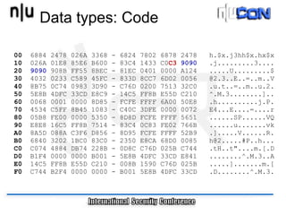 Data types: Code

00   6884   2478   026A   3368   -   6824   7802   6878   2478   h.$x.j3hh$x.hx$x
10   026A   01E8   85E6   B600   -   83C4   1433   C0C3   9090   .j.........3....
20   9090   908B   FF55   8BEC   -   81EC   0401   0000   A124   .....U.........$
30   4032   0233   C589   45FC   -   833D   8CC7   6D02   0056   @2.3..E..=..m..V
40   8B75   0C74   0983   3D90   -   C76D   0200   7513   32C0   .u.t..=..m..u.2.
50   5E8B   4DFC   33CD   E8C9   -   14C5   FF8B   E55D   C210   ^.M.3........]..
60   0068   0001   0000   8D85   -   FCFE   FFFF   6A00   50E8   .h..........j.P.
70   4534   C5FF   8B45   1083   -   C40C   3DFE   0000   0072   E4...E....=....r
80   05B8   FE00   0000   5350   -   8D8D   FCFE   FFFF   5651   ......SP......VQ
90   E8E8   16C5   FF8B   7514   -   83C4   0C83   FE02   766B   ......u.......vk
A0   8A5D   088A   C3F6   D856   -   8D95   FCFE   FFFF   52B9   .].....V......R.
B0   6840   3202   1BC0   83C0   -   2350   E8CA   68D0   0085   h@2.....#P..h...
C0   C074   4884   DB74   228B   -   0D8C   C76D   025B   C744   .tH..t"....m.[.D
D0   B1F4   0000   0000   B001   -   5E8B   4DFC   33CD   E841   ........^.M.3..A
E0   14C5   FF8B   E55D   C210   -   008B   1590   C76D   025B   .....].......m.[
F0   C744   B2F4   0000   0000   -   B001   5E8B   4DFC   33CD   .D........^.M.3.
 