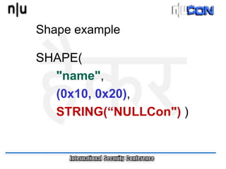 Shape example

SHAPE(
  "name",
  (0x10, 0x20),
  STRING(“NULLCon") )
 