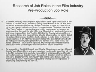 Research of Job Roles in the Film Industry
Pre-Production Job Role


In the film industry an example of a job role in a film's pre-production is the
director. Charlie Chaplin as well as being a well known actor, he was also
known as a successful director. Before Chaplin's notable success on the
big screen he worked with a children's dance troupe. Chaplin's character
"The Tramp" relied on pantomime and quirky movements to become an
iconic comical figure of the silent-film era. Chaplin then went on to become
a director, making films like The Kid, City Lights, Twenty Minutes of Love
and Modern Times and many others. Charlie Chaplin after his acting debut
he realized that wanted the films the he starred in to be done in his own
visual creation. In an interview Chaplin states "The directors I worked with
did not appreciate my telling them how to do their jobs. (rolls eyes). So I
asked Sennett if I could direct a picture. My timing was perfect since his
distributors were clamoring for more hilarious Chaplin film shorts.”.



By researching David O Russell and Charlie Chaplin who are two different
director's of different time and genre enabled me to understand this job role
in the film industry more carefully. I was able to understand how difficult it
can be to become a director. Even though both directors are from different
film era's, director's in the film industry still do the same things. Such as
working long hours, working throughout the whole production process to
organizing and planning the film set.

 