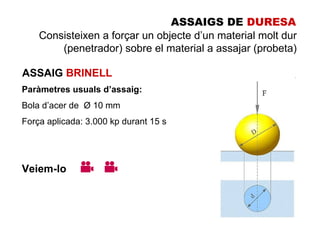 ASSAIGS DE DURESA
    Consisteixen a forçar un objecte d’un material molt dur
        (penetrador) sobre el material a assajar (probeta)

ASSAIG BRINELL
Paràmetres usuals d’assaig:
Bola d’acer de Ø 10 mm
Força aplicada: 3.000 kp durant 15 s




Veiem-lo
 