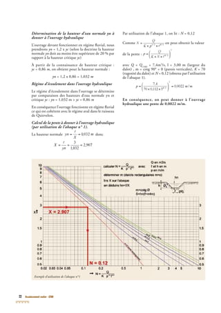 72 Assainissement routier - GTAR
Détermination de la hauteur d’eau normale yn à
donner à l’ouvrage hydraulique
L’ouvrage devant fonctionner en régime ﬂuvial, nous
prendrons yn = 1,2 x yc (selon la doctrine la hauteuryc (selon la doctrine la hauteuryc
normale yn doit au moins être supérieure de 20 % par
rapport à la hauteur critique yc)
À partir de la connaissance de hauteur critique :
yc = 0,86yc = 0,86yc m, on obtient pour la hauteur normale :
yn = 1,2 x 0,86 = 1,032 m
Régime d’écoulement dans l’ouvrage hydraulique
Le régime d’écoulement dans l’ouvrage se détermine
par comparaison des hauteurs d’eau normale yn et
critique yc :yc :yc yn = 1,032 m > yc = 0,86yc = 0,86yc m
En conséquence l’ouvrage fonctionne en régime ﬂuvial
ce qui est cohérent avec le régime aval dans le ruisseau
de Quievelon.
Calcul de la pente à donner à l’ouvrage hydraulique
(par utilisation de l’abaque n° 1).
La hauteur normale donc
Par utilisation de l’abaque 1, on lit : N = 0,12N = 0,12N
Comme on peut obtenir la valeur
de la pente :
avec Q = Q(100)
= 7,4m3
/s, l = 3,00 m (largeur du
dalot) , m = cotg 90° = 0 (parois verticales),
(100)
dalot) , m = cotg 90° = 0 (parois verticales),
(100)
K = 70K = 70K
(rugosité du dalot) et N = 0,12 (obtenu par l’utilisationN = 0,12 (obtenu par l’utilisationN
de l’abaque 1).
En conséquence, on peut donner à l’ouvrage
hydraulique une pente de 0,0022 m/m.
Exemple d’utilisation de l’abaque n°1
 