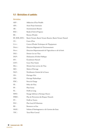86 Assainissement routier - GTAR
4.4 - Abréviations et symboles
Abréviations
AEP : Adduction d’Eau Potable
APS : Avant Projet Sommaire
AR : Assainissement Routier
BAU : Bande d’Arrêt d’Urgence
BE : Bureau d’Etudes
BV, BVR, BVN : Bassin Versant, Bassin Versant Routier, Bassin Versant Naturel
CE : Cours d’Eau
CETE : Centre d’Études Techniques de l’Équipement
DIREN : Direction Régionale de l’Environnement
DDAF : Direction Départementale de l’Agriculture et de la Forêt
DLE : Dossier Loi sur l’Eau
DUP : Déclaration d’Utilité Publique
EN : Écoulement Naturel
GNT : Grave Non Traitée
MISE : Mission Inter-service de l’Eau
MO : Maître d’Ouvrage
NGF : Nivellement Général de la France
OA : Ouvrage d’Art
OH : Ouvrage Hydraulique
PDC : Perte de Charge
PE : Police de l’Eau
PF : Plate-forme
PL : Proﬁl en Long
PIPO : Passage Inférieur à Portique Ouvert
PPRN : Plan de Prévention des Risques Naturels
PT : Proﬁl en Travers
PLU : Plan Local d’Urbanisme
RE : Ressource en Eau
SAGE : Schéma d’Aménagement et de Gestion des Eaux
TPC : Terre-Plein Central
 