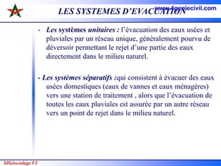 SIGéocodage V1
LES SYSTEMES D’EVACUATION
- Les systèmes unitaires : l’évacuation des eaux usées et
pluviales par un réseau unique, généralement pourvu de
déversoir permettant le rejet d’une partie des eaux
directement dans le milieu naturel.
- Les systèmes séparatifs :qui consistent à évacuer des eaux
usées domestiques (eaux de vannes et eaux ménagères)
vers une station de traitement , alors que l’évacuation de
toutes les eaux pluviales est assurée par un autre réseau
vers un point de rejet dans le milieu naturel.
www.4geniecivil.com
 