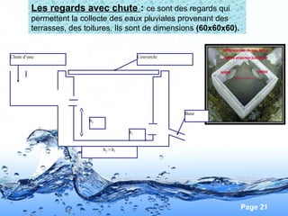 Page 21
Les regards avec chute : ce sont des regards qui
permettent la collecte des eaux pluviales provenant des
terrasses, des toitures. Ils sont de dimensions (60x60x60).
Chute d’eau Couvercle
h2
h1
Buse
h2 > h1
 