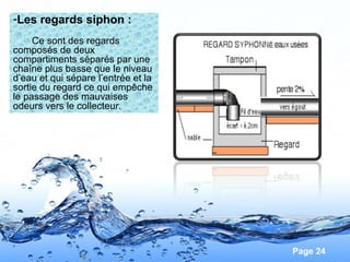 Page 24
-Les regards siphon :
Ce sont des regards
composés de deux
compartiments séparés par une
chaîne plus basse que le niveau
d’eau et qui sépare l’entrée et la
sortie du regard ce qui empêche
le passage des mauvaises
odeurs vers le collecteur.
 
