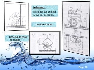 Page 33
 Schéma de poseSchéma de pose
de lavabode lavabo
Lavabo doubleLavabo double
Le lavabo :Le lavabo :
Il est posé sur un pied
ou sur des consoles.
 