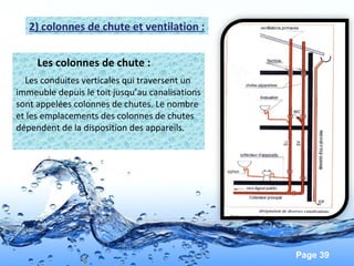 Page 39
Les colonnes de chute :
Les conduites verticales qui traversent un
immeuble depuis le toit jusqu’au canalisations
sont appelées colonnes de chutes. Le nombre
et les emplacements des colonnes de chutes
dépendent de la disposition des appareils.
2) colonnes de chute et ventilation :
 