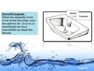 Page 49
Correctif proposé :
Utilisé des appareils munis
d’une bonde plus large, avec
des siphons (en S ou en U)
caractérisés par leurs
insensibilités au dépôt des
déchets.
Bonde
Trop-plein
 