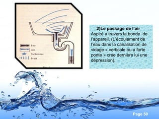 Page 50
2)Le passage de l’air
Aspiré a travers la bonde de
l’appareil, (L’écoulement de
l’eau dans la canalisation de
vidage « verticale ou a forte
ponte » crée dernière lui une
dépression).
 