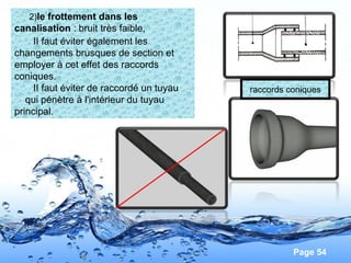 Page 54
raccords coniques
II faut éviter également les
changements brusques de section et
employer à cet effet des raccords
coniques.
II faut éviter de raccordé un tuyau
qui pénètre à l'intérieur du tuyau
principal.
2)le frottement dans les
canalisation : bruit très faible,
 