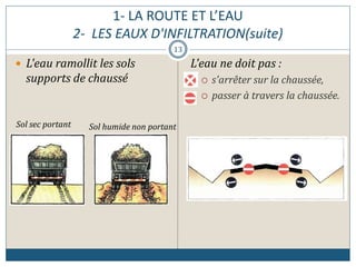 1- LA ROUTE ET L’EAU
2- LES EAUX D'INFILTRATION(suite)
 L'eau ramollit les sols
supports de chaussé
L'eau ne doit pas :
 s'arrêter sur la chaussée,
 passer à travers la chaussée.
Sol sec portant Sol humide non portant
13
 