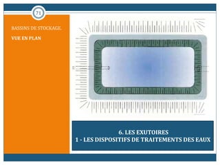 71
BASSINS DE STOCKAGE.
VUE EN PLAN
6. LES EXUTOIRES
1 - LES DISPOSITIFS DE TRAITEMENTS DES EAUX
 