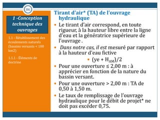 1.1 - Rétablissement des
écoulements naturels
(bassins versants < 100
km2)
1.1.1 - Éléments de
doctrine
Tirant d’air* (TA) de l’ouvrage
hydraulique
 Le tirant d’air correspond, en toute
rigueur, à la hauteur libre entre la ligne
d’eau et la génératrice supérieure de
l’ouvrage .
 Dans notre cas, il est mesuré par rapport
à la hauteur d’eau fictive
 (ye + HAM)/2
 Pour une ouverture ≤ 2,00 m : à
apprécier en fonction de la nature du
bassin versant.
 Pour une ouverture > 2,00 m : TA de
0,50 à 1,50 m.
 Le taux de remplissage de l’ouvrage
hydraulique pour le débit de projet* ne
doit pas excéder 0,75.
86
1 -Conception
technique des
ouvrages
 