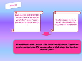 Baca memori Only (ROM).Ini
terdiri dari instruksi kontrol
yang telah '' kabel '' secara
permanen ke dalam memori
.

Random access memory
(RAM) ini adalah bagian
yang fleksibel dari memori

MEMORI berisi fungsi kontrol yang merupakan program yang ditulis
untuk memberitahu CPU apa yang harus dilakukan. Ada dua jenis
memori yaitu :

 