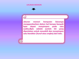 UKURAN MEMORI

ukuran
memori
komputer
biasanya
menggambarkan dalam hal berapa banyak
byte dapat menyimpan pada satu
waktu.Byte adalah jumlah bit yang
diperlukan untuk mewakili dan menyimpan
satu karakter (huruf atau angka) dari teks.

 