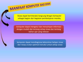 Siswa dapat berinteraksi langsung dengan komputer
sebagai bagian dari kegiatan pembelajaran mereka,

komputer dapat mengatur dan menyimpan informasi
dengan mudah dpt tentang setiap siswa dan tentang
bahan ajar yang relevan

komputer dapat mendiagnosa kebutuhan belajar siswa
dan resep urutan optimal instruksi untuk setiap siswa

 