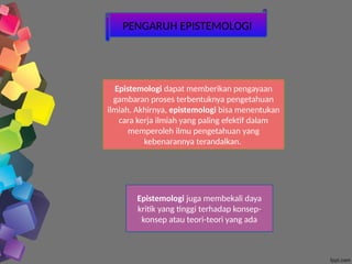 PENGARUH EPISTEMOLOGI
Epistemologi dapat memberikan pengayaan
gambaran proses terbentuknya pengetahuan
ilmiah. Akhirnya, epistemologi bisa menentukan
cara kerja ilmiah yang paling efektif dalam
memperoleh ilmu pengetahuan yang
kebenarannya terandalkan.
Epistemologi juga membekali daya
kritik yang tinggi terhadap konsep-
konsep atau teori-teori yang ada
 