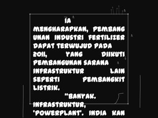 Ia
mengharapkan, pembang
unan industri fertilizer
dapat terwujud pada
2011,     yang     diikuti
pembangunan sarana
infrastruktur         lain
seperti        pembangkit
listrik.
         ‚Banyak.
Infrastruktur,
‘powerplant’. India kan
 