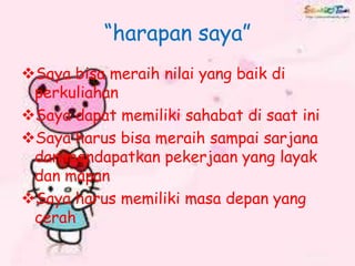 “harapan saya”
Saya bisa meraih nilai yang baik di
perkuliahan
Saya dapat memiliki sahabat di saat ini
Saya harus bisa meraih sampai sarjana
dan mendapatkan pekerjaan yang layak
dan mapan
Saya harus memiliki masa depan yang
cerah
 