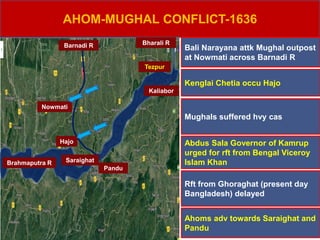 AHOM-MUGHAL CONFLICT-1636
Kaliabor
Tezpur
Brahmaputra R
Nowmati
Barnadi R Bharali R
Hajo
Bali Narayana attk Mughal outpost
at Nowmati across Barnadi R
Kenglai Chetia occu Hajo
Abdus Sala Governor of Kamrup
urged for rft from Bengal Viceroy
Islam Khan
Rft from Ghoraghat (present day
Bangladesh) delayed
Ahoms adv towards Saraighat and
Pandu
Pandu
Saraighat
Mughals suffered hvy cas
 
