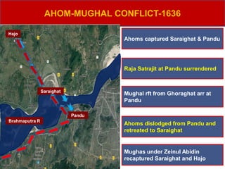 AHOM-MUGHAL CONFLICT-1636
Hajo
Pandu
Brahmaputra R
Saraighat
Ahoms captured Saraighat & Pandu
Raja Satrajit at Pandu surrendered
Mughal rft from Ghoraghat arr at
Pandu
Ahoms dislodged from Pandu and
retreated to Saraighat
Mughas under Zeinul Abidin
recaptured Saraighat and Hajo
 
