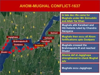 AHOM-MUGHAL CONFLICT-1637
Karaibari
Hatisala
Solmari
Goalpara
Dhubri
Jagighopa
In late dec rfts came for
Mughals under Mir Zeinuddin
and Allah Yar Khan
Mughals attk Karaibari and
HQ Hatisila ruled by Chandra
Narayana
Mughals then occu all Ahom
fortifications upto Goalpara
Mughals crossed the
Brahmaputra R and reached
Dhubri
Ahoms def at Jagighopa
strengthened to check Mughal
adv
Mughals occu Jagighopa
Guwahati
Brahmaputra R
 