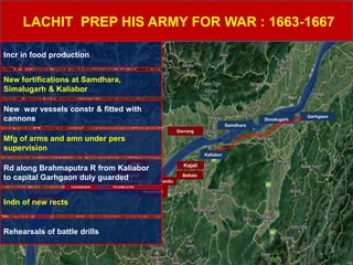 Saraighat
Hajo
Beltala
Darrang
Garhgaon
Jagighopa
Kajali
Pandu
Sualkuchi
Samdhara
Simalugarh
Goalpara
Dhubri
Guwahati
Kaliabor
LACHIT PREP HIS ARMY FOR WAR : 1663-1667
Incr in food production
New fortifications at Samdhara,
Simalugarh & Kaliabor
New war vessels constr & fitted with
cannons
Mfg of arms and amn under pers
supervision
Rd along Brahmaputra R from Kaliabor
to capital Garhgaon duly guarded
Indn of new rects
Rehearsals of battle drills
 