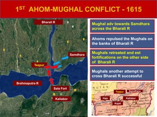 1ST AHOM-MUGHAL CONFLICT - 1615
Brahmaputra R
Bharali R
Samdhara
Kaliabor
Tezpur
Hajo
Kajali
Kaliabor
Tezpur Samdhara
Mughal adv towards Samdhara
across the Bharali R
Ahoms repulsed the Mughals on
the banks of Bharali R
Sala Fort
Mughals retreated and est
fortifications on the other side
of Bharali R
Mughals another attempt to
cross Bharali R successful
 