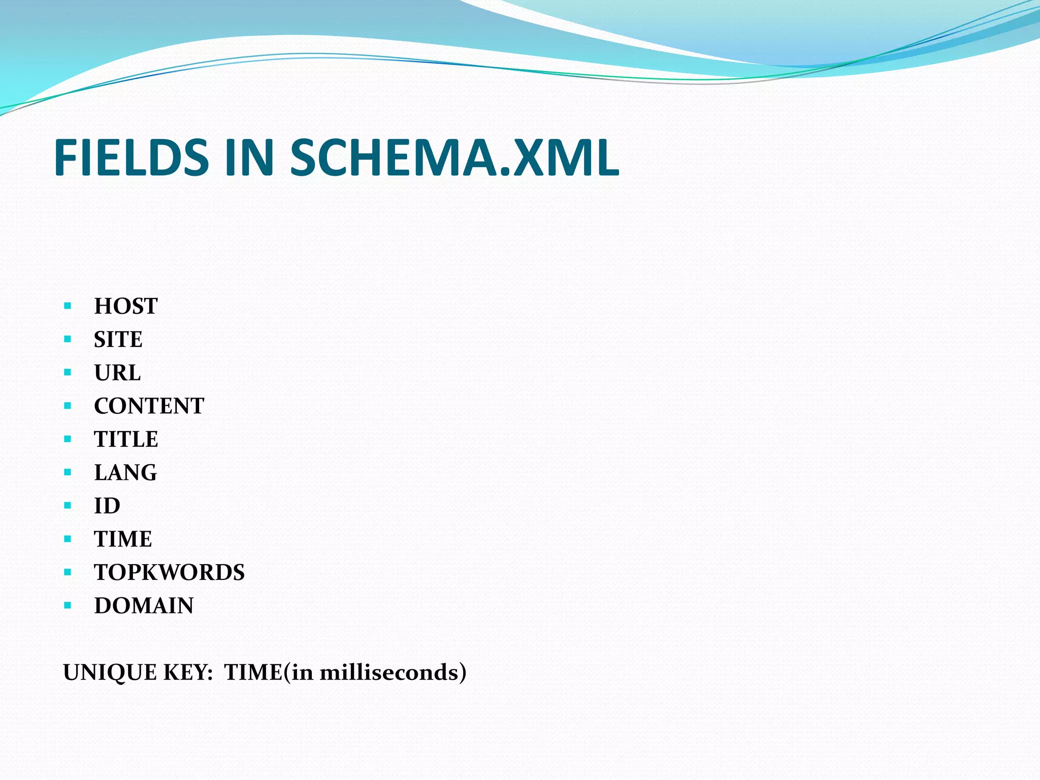 FIELDS IN SCHEMA.XML

 HOST
 SITE
 URL
 CONTENT
 TITLE
 LANG
 ID
 TIME
 TOPKWORDS
 DOMAIN


UNIQUE KEY: TIME(in milliseconds)
 