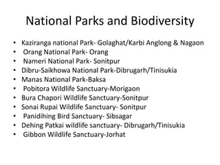 National Parks and Biodiversity
• Kaziranga national Park- Golaghat/Karbi Anglong & Nagaon
• Orang National Park- Orang
• Nameri National Park- Sonitpur
• Dibru-Saikhowa National Park-Dibrugarh/Tinisukia
• Manas National Park-Baksa
• Pobitora Wildlife Sanctuary-Morigaon
• Bura Chapori Wildlife Sanctuary-Sonitpur
• Sonai Rupai Wildlife Sanctuary- Sonitpur
• Panidihing Bird Sanctuary- Sibsagar
• Dehing Patkai wildlife sanctuary- Dibrugarh/Tinisukia
• Gibbon Wildlife Sanctuary-Jorhat
 