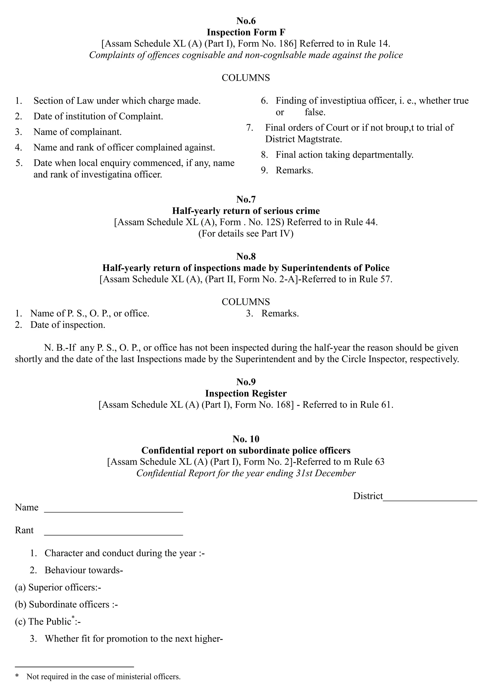 No.6
Inspection Form F
[Assam Schedule XL (A) (Part I), Form No. 186] Referred to in Rule 14.
Complaints of offences cognisable and non-cognlsable made against the police
COLUMNS
1.	 Section of Law under which charge made. 6. Finding of investiptiua officer, i. e., whether true
or false.
2. Date of institution of Complaint.
7. Final orders of Court or if not broup,t to trial of
3. Name of complainant.
District Magtstrate.
4. Name and rank of officer complained against.
8. Final action taking departmentally.
5. Date when local enquiry commenced, if any, name
9. Remarks.
and rank of investigatina officer.
No.7 

Half-yearly return of serious crime

[Assam Schedule XL (A), Form . No. 12S) Referred to in Rule 44.
(For details see Part IV)
No.8 

Half-yearly return of inspections made by Superintendents of Police

[Assam Schedule XL (A), (Part II, Form No. 2-A]-Referred to in Rule 57.
COLUMNS
1. Name of P. S., O. P., or office.	 3. Remarks.
2. Date of inspection.
N. B.-If any P. S., O. P., or office has not been inspected during the half-year the reason should be given
shortly and the date of the last Inspections made by the Superintendent and by the Circle Inspector, respectively.
No.9 

Inspection Register

[Assam Schedule XL (A) (Part I), Form No. 168] - Referred to in Rule 61.
No. 10

Confidential report on subordinate police officers

[Assam Schedule XL (A) (Part I), Form No. 2]-Referred to m Rule 63
Confidential Report for the year ending 31st December
District___________________
Name ____________________________
Rant ____________________________
1. Character and conduct during the year :­
2. Behaviour towards­
(a) Superior officers:­
(b) Subordinate officers :­
(c) The Public*
:­
3. Whether fit for promotion to the next higher­
* Not required in the case of ministerial officers.
 
