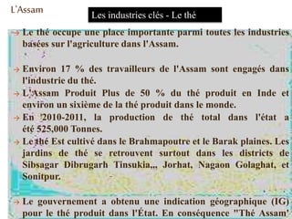 Les industries clés - Le thé
→ Le thé occupe une place importante parmi toutes les industries
basées sur l'agriculture dans l'Assam.
→ Environ 17 % des travailleurs de l'Assam sont engagés dans
l'industrie du thé.
→ L'Assam Produit Plus de 50 % du thé produit en Inde et
environ un sixième de la thé produit dans le monde.
→ En 2010-2011, la production de thé total dans l'état a
été 525,000 Tonnes.
→ Le thé Est cultivé dans le Brahmapoutre et le Barak plaines. Les
jardins de thé se retrouvent surtout dans les districts de
Sibsagar Dibrugarh Tinsukia,,, Jorhat, Nagaon Golaghat, et
Sonitpur.
→ Le gouvernement a obtenu une indication géographique (IG)
pour le thé produit dans l'État. En conséquence "Thé Assam'
L'Assam
 