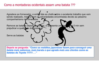 Agradece ao fornecedor, e então fala ao chefe sobre o excelente trabalho que vem sendo realizado, mesmo com as adversidades encontradas devido ao péssimo companheirismo do fornecedor Como a montadoras ocidentais assam uma batata ??? Remove as batatas depois de 40 min, e apresenta um ‘saving’ de 5 min sem prejudicar a qualidade do produto Serve as batatas Depois se pergunta:  “Como os malditos japoneses fazem para conseguir uma batata mais saborosa, mais barata e que agrada mais aos clientes como as batatas da Toyota ?!?!?. . .” 