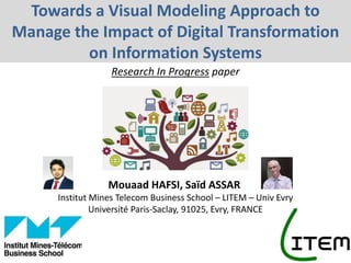 Towards a Visual Modeling Approach to
Manage the Impact of Digital Transformation
on Information Systems
Research In Progress paper
Mouaad HAFSI, Saïd ASSAR
Institut Mines Telecom Business School – LITEM – Univ Evry
Université Paris-Saclay, 91025, Evry, FRANCE
 