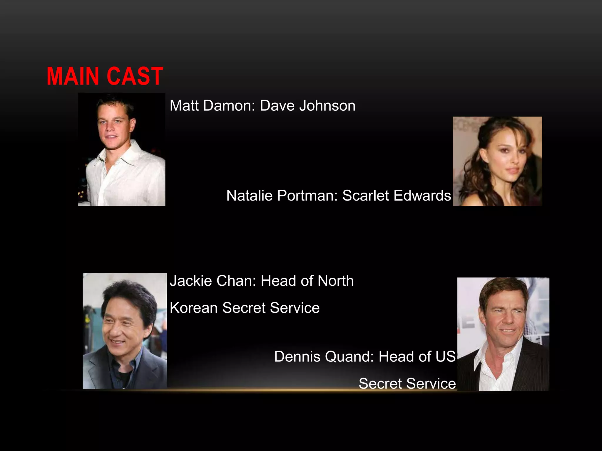 Thriller: Peril, Exciting ScenesCharacter:Propp AnalysisHero: Dave JohnsonVillain: Head of North Korean Secret ServicePrincess (and Helper): Scarlet EdwardsDonor: Head of U.S. Secret Service