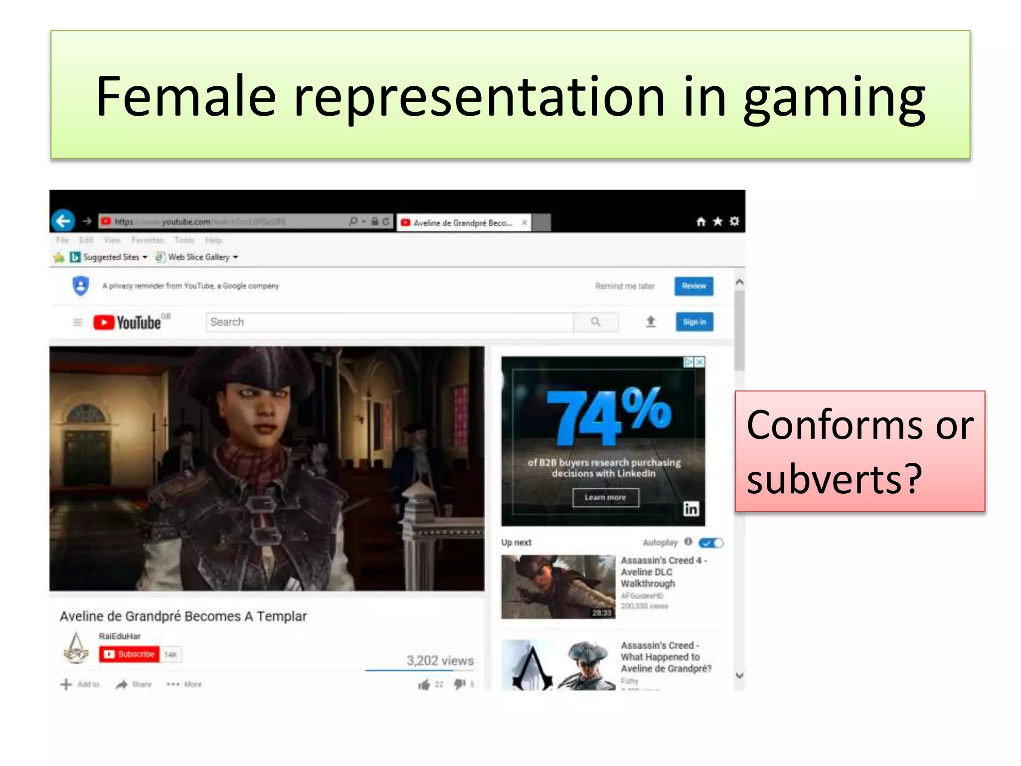 Female representation in gaming
Conforms or
subverts?
 