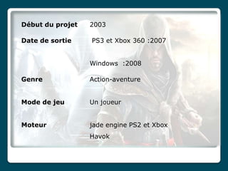 Début du projet   2003

Date de sortie    PS3 et Xbox 360 :2007


                  Windows :2008

Genre             Action-aventure


Mode de jeu       Un joueur


Moteur            jade engine PS2 et Xbox
                  Havok
 