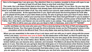 Here is the biggest key I can give you- Pay attention! Here is a mystery revealed to those with eyes to see
and ears to hear! It's all God, there is only God, only One! Clue here!
The Lamb, the Lord Jesus Christ died on the cross "Your Body you wear!" for our Sins- So you may take
this journey into the underworld. Salvation had already been done before the foundation of the world. And
there is only ONE God and Father of all. You only need to turn around, seek wisdom and change your Mind-
your consciousness. At the appointed time in you, Spirit will cause this burning desire for truth after
you've played all the parts in your dark dream journey. So who is going to save your Soul if Jesus died in
you, with you, and as you, before your journey even started? How does God get Himself in you to awaken?
Jesus rises in your flesh as you, whereby you become the image, wisdom, and the power of God itself. The
Father, Son, Holy Spirit, and Heaven are one and the same in you asleep. They awaken together in you, but
how? Who is left to save you when you are Dead in Hell, in Darkness, and in Sin??? "SATAN!"
Lucifer and Satan are the ones who save you! This is done by being in the fires of Hell and plagued by
supernatural forces; Your Soul goes through the divine Alchemy known as the Philosopher's stone in this
simulation which is the Mind of God. This is why Satan was sent by God to Job in the Bible.
When you are assembled in the name of our Lord Jesus and I am with you in spirit, along with the power
of the Lord Jesus, hand this man over to Satan for the destruction of the flesh, so that his spirit may be
saved on the day of the Lord.- 1 Cor 5:4-5 Jesus Christ is the one who plays all the divine parts in you
throughout your life. He is the Father, Devil, Mother, and Son. There is only one! You have to be dead and
broken before you can become alive, restored, and renewed. The Bible is all about the Divine drama that
goes on in you. How else are you going to describe what goes on in Consciousness when Science doesn't
even know what Consciousness actually is yet? The Bible describes the divine mystical process through
symbols and experiences in consciousness that takes place in you. You are fulfilling scripture whether
you are aware of it or not. Why so Harsh? Because you are God who overcomes this world of darkness!
 