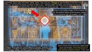 Here Thoughts are personified as people, and thoughts
shape reality, and the world is a mirror, hence Life!
Then Jesus said unto them, Verily, verily, I say unto you, Except ye eat the flesh of the Son of
man, and drink his blood, ye have no life in you. Whoso eateth my flesh, and drinketh my blood,
hath eternal life; and I will raise him up at the last day. - John.6:53-54
Christ is the visible image of the invisible
God. He existed before anything was created
and is supreme over all creation- col 1:15
but to those whom God has called, both
Jews and Greeks, Christ the power of
God and the wisdom of God.- 1 Cor 1:24
 
