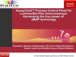AssayCheX TM  Process Control Panel for Luminex/Bio-Plex Immunoassays: Harnessing the true power of  xMAP technology Presenters: Neeraja Venkateswaran, Ph.D. from Radix Biosolutions Robert Lynde from MiraiBio Group of Hitachi Software 