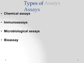 Types of
Assays
• Chemical assays
• Immunoassays
• Microbiological assays
• Bioassay
 