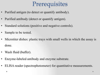 Prerequisites
• Purified antigen (to detect or quantify antibody).
• Purified antibody (detect or quantify antigen).
• Standard solutions (positive and negative controls).
• Sample to be tested.
• Microtiter dishes: plastic trays with small wells in which the assay is
done.
• Wash fluid (buffer).
• Enzyme-labeled antibody and enzyme substrate.
• ELISA reader (spectrophotometer) for quantitative measurements.
 