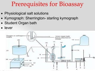 Prerequisites for Bioassay
 Physiological salt solutions
 Kymograph: Sherrington- starling kymograph
 Student Organ bath
 lever
 