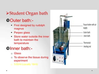 Student Organ bath
Outer bath:-
 First designed by rudolph
magnus
 Perpex glass
 Store water outside the inner
bath to maintain the
temperature
Inner bath:-
o Glass
o To observe the tissue during
experiment
o 5-50ml (usually 10ml)
 