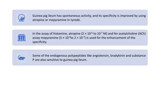 Guinea pig ileum has spontaneous activity, and its specificity is improved by using
atropine or mepyramine in tyrode.
In the assay of histamine, atropine (2 × 10-6 to 10-7 M) and for acetylcholine (ACh)
assay mepyramine (5 × 10-6to 2 × 10-7) is used for the enhancement of the
specificity.
Some of the endogenous polypeptides like angiotensin, bradykinin and substance
P are also sensitive to guinea pig ileum.
 